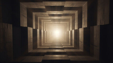 Abstract boxed tunnel guiding to the light at the end - obrazy, fototapety, plakaty