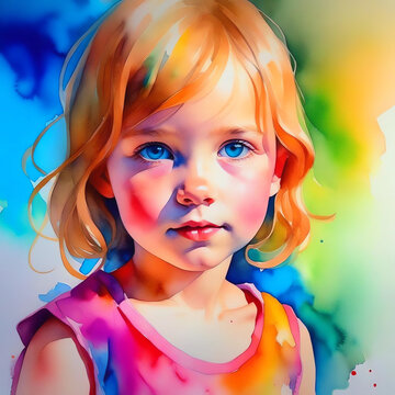 Cute blonde girl with blue eyes. Charming child. Watercolor illustration.