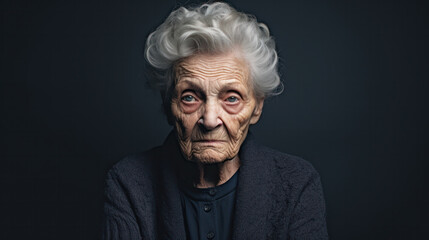 A portrait of an elderly woman with a black background