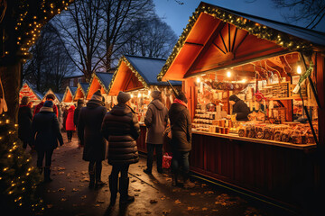 People walking through a Christmas fair with illuminated stalls in the evening