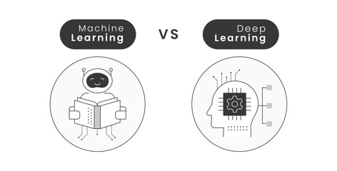 Machine Learning vs Deep Learning Vector Diagram with Editable Stroke and Colors. Machine Learning vs Deep Learning Infographic.