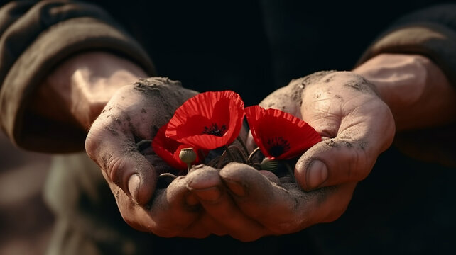 Soldier hands holding red poppy flower.