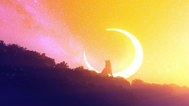 German shepherd on a green hill against hot crescent moon and starry sky