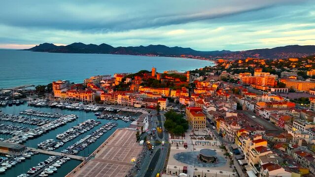 Aerial view of Cannes, a resort town on the French Riviera, is famed for its international film festival, France