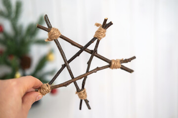 Simple Twig Star. DIY Star Tree Topper. Handmade Christmas Decorations. Easy Idea of Wooden Xmas Decor. Nordic, Boho Scandinavian Style Design. Unique Minimal Ornament. Structural Origami. Zero Waste