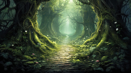 Illustration of overgrown mystical forest path background. 