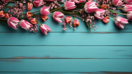 Frame Tulips On Turquoise Rustic Wooden, HD, Background Wallpaper, Desktop Wallpaper