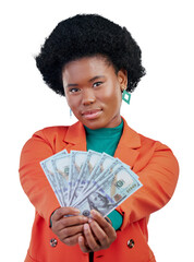 Money, portrait and black woman with bank, loan or payment on isolated, transparent or png...