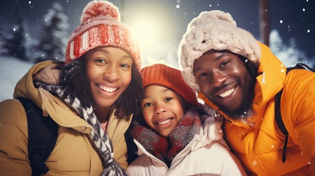 african american father and mother with her son on snowy mountain