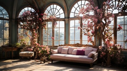 Fototapeta na wymiar Victorian-style conservatory with ornate sofa and lush floral arrangements by expansive arched windows.