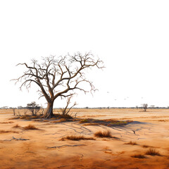 Savanna arid fields with dried tree, isolated on transparent background, png, 300 DPI