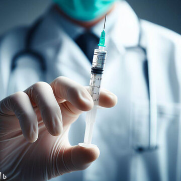 A syringe is in the hands of a doctor. Doctor gives an injection