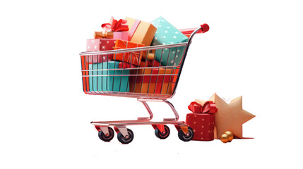 Shopping card full of presents. Gift boxes with red bows in a supermarket trolley. Christmas and New Year sale minimal concept. Gifts in toy shopping cart, isolated on background, cutout
