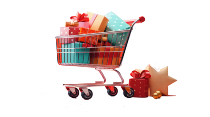 Shopping card full of presents. Gift boxes with red bows in a supermarket trolley. Christmas and New Year sale minimal concept. Gifts in toy shopping cart, isolated on background, cutout