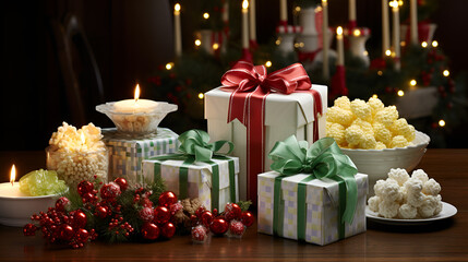 Obraz na płótnie Canvas christmas gifts and candles, christmas gift box, christmas boxes, 