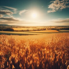 golden field of wheat and sunset