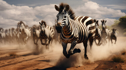 Zebras running through the African - obrazy, fototapety, plakaty