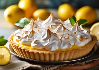 Fotobehang Homemade lemon meringue pie cake on table with yellow ripe lemons background.Macro.AI Generative © DenisMArt