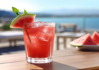 Fototapeta premium Cold watermelon juice cocktail with straw and slice on summer vacation with ocean view.Macro.AI Generative