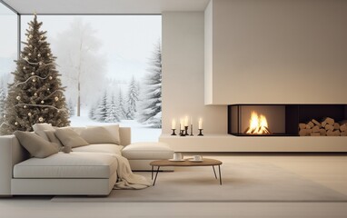 Modern white living room with Christmas tree. Minimalist living room with contemporary fireplace with snowy forest view.