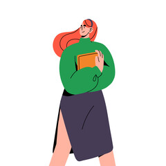 Obraz premium Young business woman carrying tablet, holds notebook. Redhead girl, student in slit skirt walking. Happy office worker, employee strolling, looking back. Flat isolated vector illustration on white