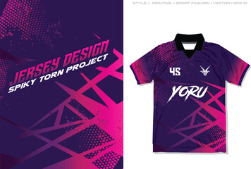 Sublimation jersey t-shirt design template spiky with halftone pattern vector background for football futsal soccer fishing rugby cycling event gaming esport motocross sport - obrazy, fototapety, plakaty