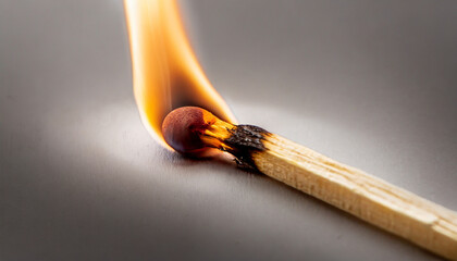 Macro photography of a burning match stick against white background
