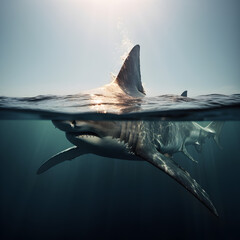 Great White Shark at the surface of the ocean with its fin outside of the water. Generative ai. 