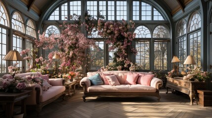 Victorian-style conservatory with ornate sofa and lush floral arrangements by expansive arched windows.