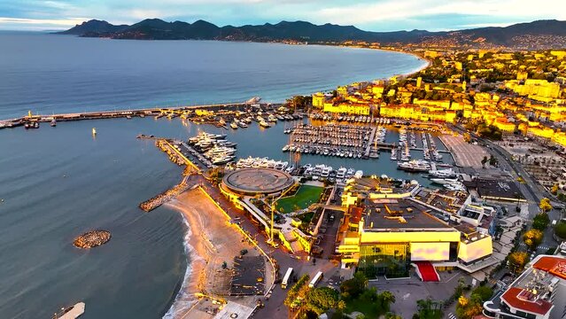 Aerial view of Cannes, a resort town on the French Riviera, is famed for its international film festival, France