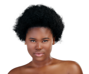 Skincare, portrait and beauty of black woman, serious and isolated on png transparent background. Confident, face and natural model with cosmetics, facial treatment or aesthetic, wellness and health