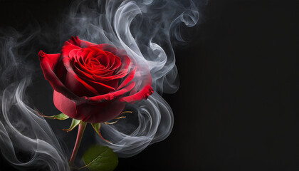 Red rose wrapped in smoke swirl on black background and copy space on a side