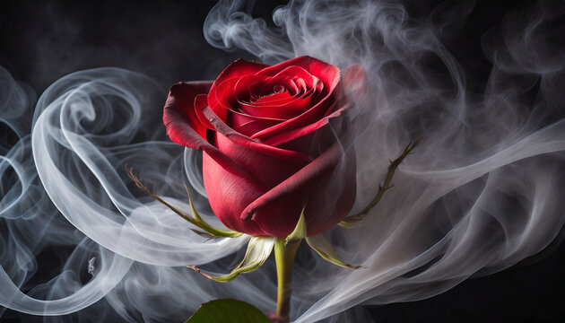Red rose wrapped in smoke swirl on black background and copy space on a side