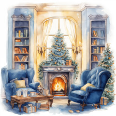 Watercolor, cozy home decorated for Christmas, Room with fireplace, present boxes, christmas tree
