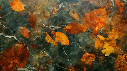 Fototapeta na wymiar orange green organic autumnal fallen leaves texture marble. Generative AI.
