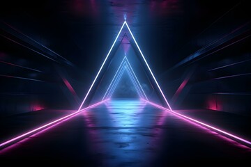 Sci Fi Futuristic Asphalt Cement Road Double Lined Concrete Walls Underground Dark Night Car Show Neon Laser Triangles Glowing Purple Blue Arc Virtual Stage Showroom 3d Rendering.
