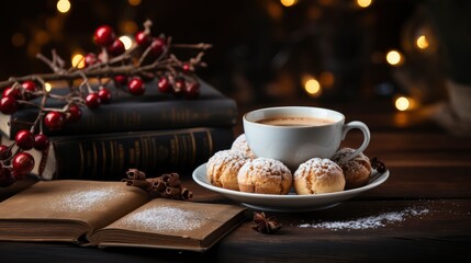 Obraz na płótnie Canvas Winter coffee and powdered sugar dessert on rustic table.
