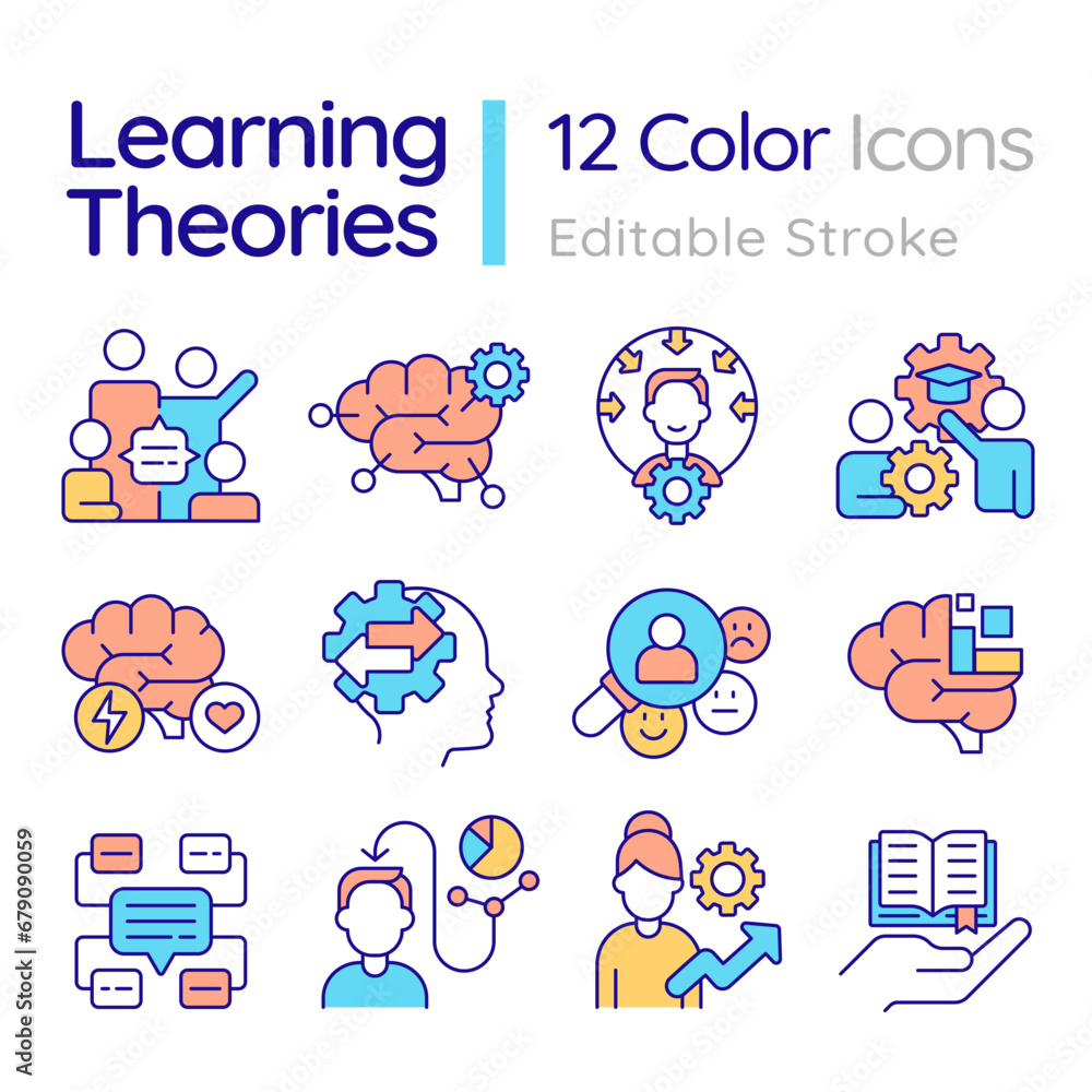 Poster 2d editable colorful thin line icons set representing learning theories, isolated vector, linear ill