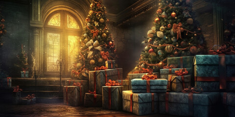 Naklejka premium Gifts of Wonder: Christmas Presents Beneath a Sparkling Tree