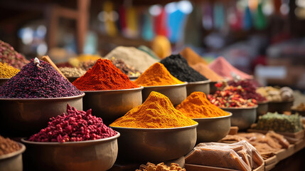 Close-up different piles of colorful spices, eastern market. Dry powdered spices for cooking, open market counter. Wallpaper culinary, oriental cuisine. 