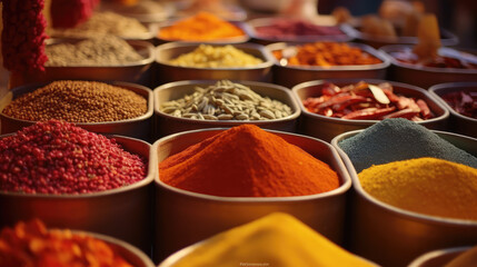 Close-up different piles of colorful spices, eastern market. Dry powdered spices for cooking, open market counter. Wallpaper culinary, oriental cuisine. 