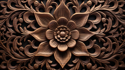 Pattern of flower carved on wood background. Generative AI.