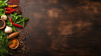 Fototapeta na wymiar Spices and herbs on dark wooden background. Food and cuisine ingredients.Top view with copy space
