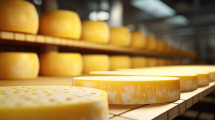 Close-up of the cheese heads. Cheese and dairy products industry. Dairy plant, circles of cheese on...