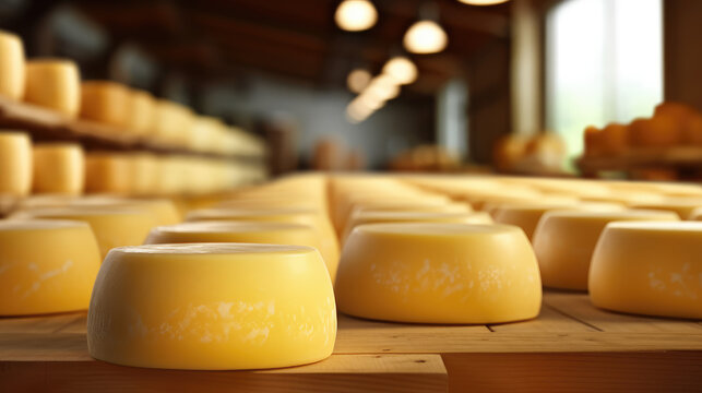 Close-up of the cheese heads. Cheese and dairy products industry. Dairy plant, circles of cheese on the conveyor belt.