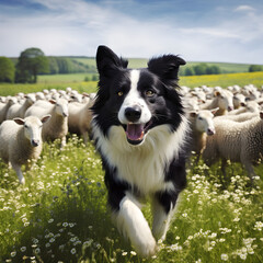 A Border Collie dog herding sheep in a field. Generative ai.  - obrazy, fototapety, plakaty