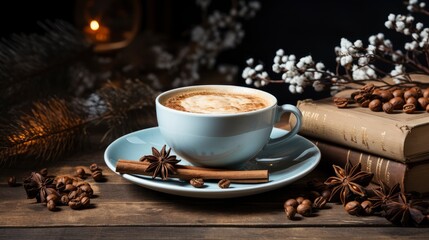 Winter coffee and powdered sugar dessert on rustic table.