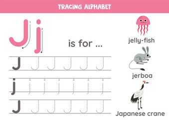 Tracing all letters of English alphabet. Preschool activity for kids. Writing uppercase and lowercase letter J. Printable worksheet. Cute illustration of jelly fish, jerboa, japanese crane.