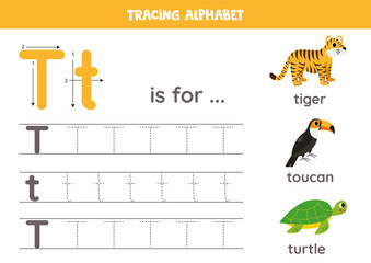 Tracing all letters of English alphabet. Preschool activity for kids. Writing uppercase and lowercase letter t.  Cute illustration of tiger, toucan, turtle.  Printable worksheet.