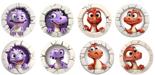 set of funny cute Dinosaurs  looks of Wall on transparent, isolated background, png, generated ai